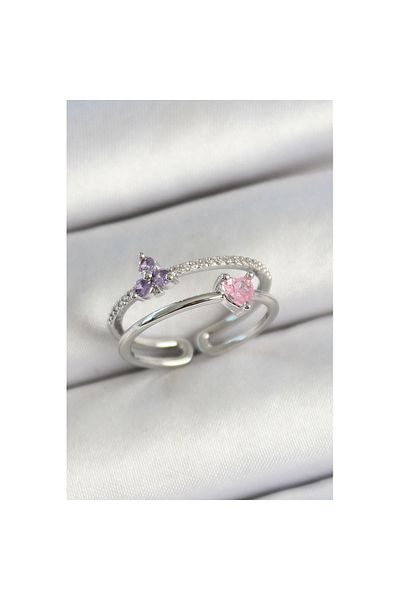 Skygo Silver Color Adjustable Women's Ring with Brass Heart and Flower Figure Zircon Stone - Tj-Byk3775