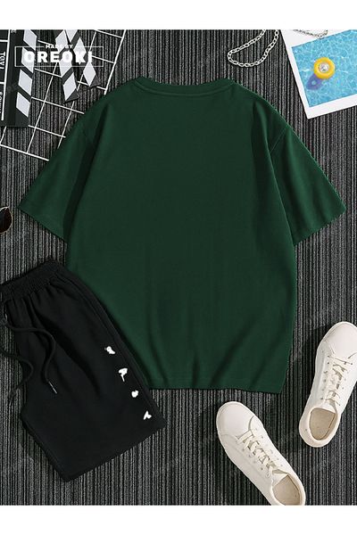 EFFRENATU Small King \ Queen Printed Cotton Unisex Forest Green T-Shirt-Black Shorts Set