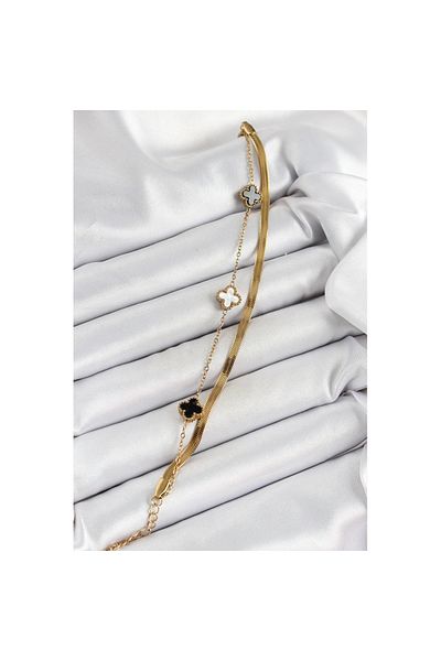 Skygo 316L Steel Gold Color Black and White Clover Italian Chain 2-Piece Women's Bracelet - Tj-Bb7082