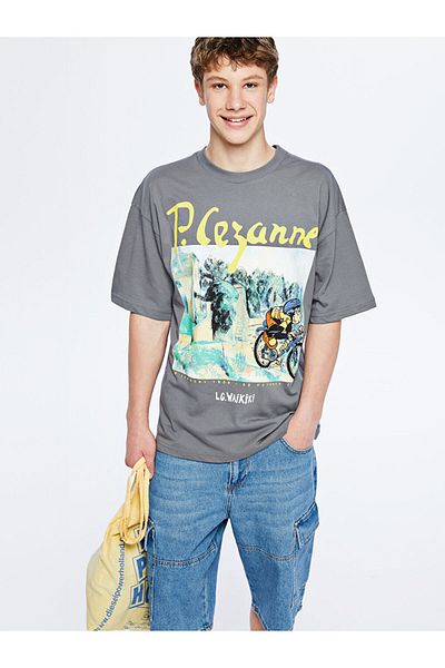 LC Waikiki Gray Crew Neck Cezanne Printed Young Men's T-Shirt
