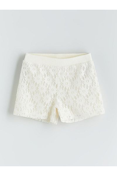 LC Waikiki Ecru Girl's Shorts with Elastic Waist and Lace Detail