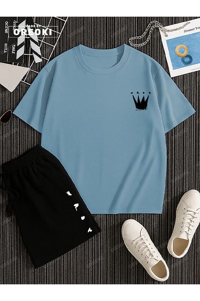 EFFRENATU Small King \ Queen Printed Cotton Unisex Light Blue T-Shirt-Black Shorts Set