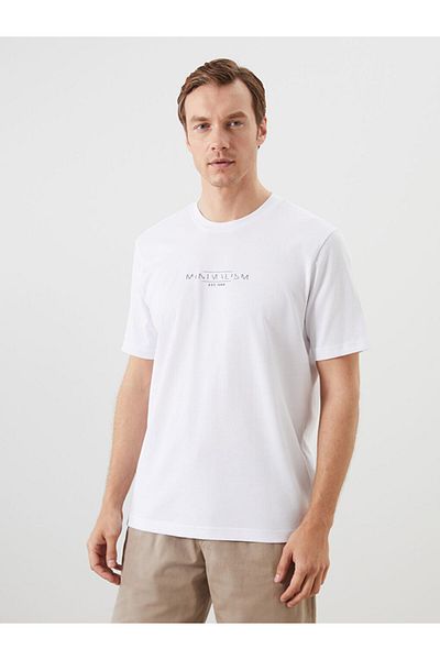 LC Waikiki White Crew Neck Printed Combed Cotton Men's T-Shirt