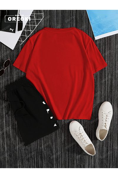 EFFRENATU Small King \ Queen Printed Cotton Unisex Red T-Shirt-Black Shorts Set