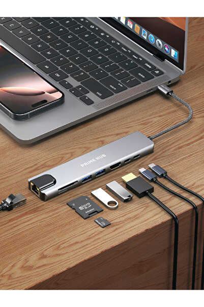 Fulltech FH21 8-in-1 USB-C Çoklayıcı | 4K HDMI, 100W PD, Gigabit Ethernet, SD/TF Kart Okuyucu, 2xUSB