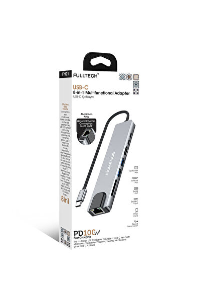 Fulltech FH21 8-in-1 USB-C Çoklayıcı | 4K HDMI, 100W PD, Gigabit Ethernet, SD/TF Kart Okuyucu, 2xUSB