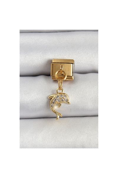 Skygo 316L Steel Dangle Zircon Stone Dolphin Fish Model Gold Color Nomination Charm - Tj-Bc1407