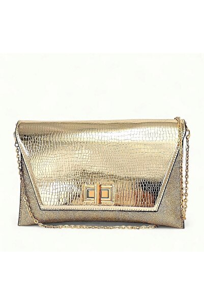 Evident Gold Small Crocodile Pattern Cover Lock Detailed Women's Portfolio & Clutch Bag