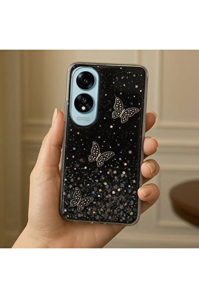 Rivor Oppo A60 Uyumlu Kılıf Kamera Çıkıntılı Simli Kelebek Kabartmalı Desenli...
