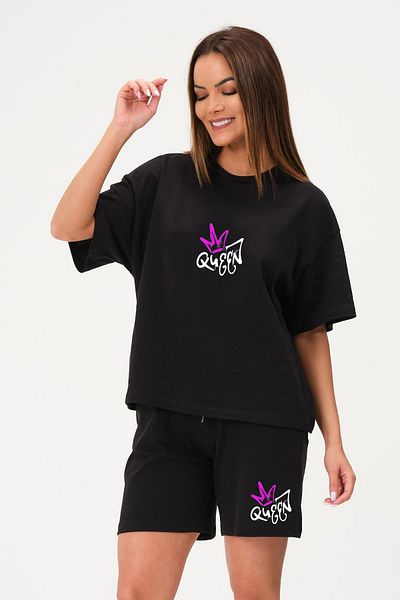 Mythologie Queen Design T-Shirt Combed Cotton Shorts - Black Shorts T-Shirt Suit Printed Oversize Crew Neck