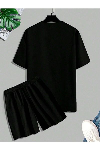 Mythologie Minimal Paris- T-Shirt with Black Shorts, Top and Bottom Set Printed Oversize Crew Neck