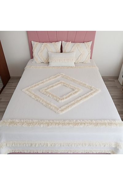 Kubrahobi . Dowry Handmade 190X 200 Sizes Ecru Color Pompom Bedspread and 3 Throw Pillow Case Set