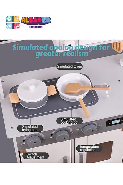 ALBADER Play Kitchen, Real Wooden Kitchen Set for Kids with Microwave, Wooden Play Kitchen