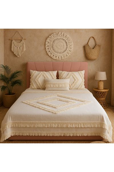 Kubrahobi . Dowry Handmade 190X 200 Sizes Ecru Color Pompom Bedspread and 3 Throw Pillow Case Set