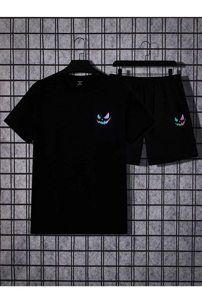 Mythologie Devil T-shirt Shorts - Black T-Shirt with Shorts Top and Bottom Set Printed Oversize Crew Neck