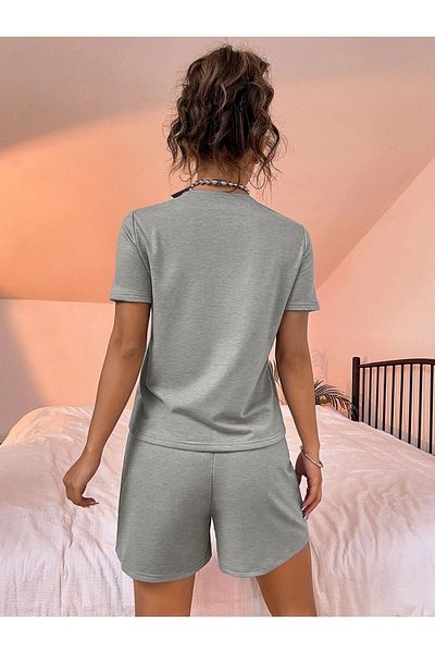 Mythologie Brooklyn 1898 N.Y T-shirt Shorts - Gray T-Shirt with Shorts Top and Bottom Set Printed Oversize Crew Neck