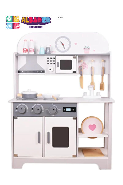 ALBADER Play Kitchen, Real Wooden Kitchen Set for Kids with Microwave, Wooden Play Kitchen