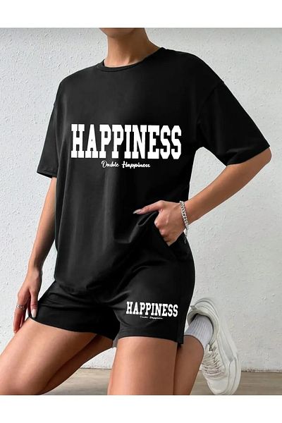 Mythologie Happiness T-Shirt Combed Cotton Shorts - Black Shorts T-Shirt Suit Printed Oversize Crew Neck