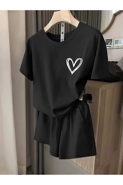 Mythologie Heart Logo T-Shirt Combed Cotton Shorts - Black Shorts T-Shirt Set Printed Oversize Crew Neck