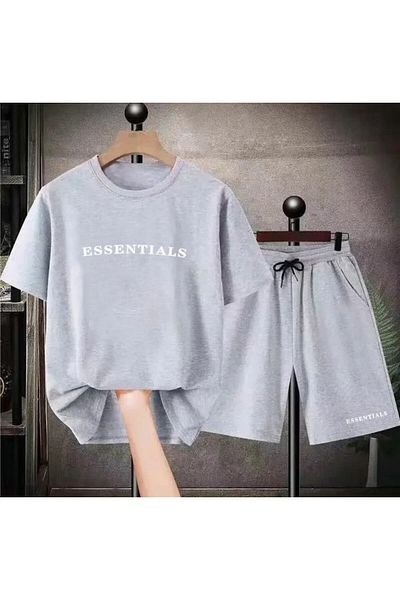 Mythologie Essentials Gray T-shirt Combed Cotton Shorts - Shorts T-Shirt Bottom Top Set Printed Oversize Crew Neck