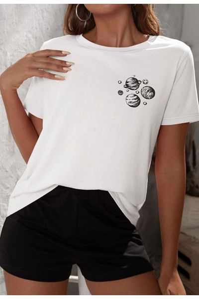 Mythologie Planets T-Shirt Combed Cotton Shorts - White Black Shorts T-Shirt Team Printed Oversize Crew Neck