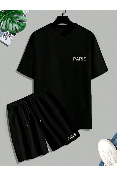 Mythologie Minimal Paris- T-Shirt with Black Shorts, Top and Bottom Set Printed Oversize Crew Neck