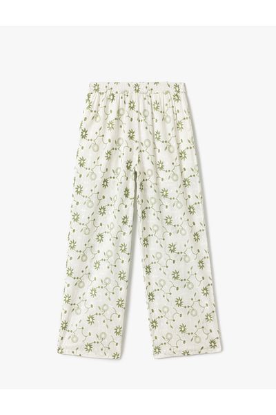 Koton New Season High Waist Embroidered Floral Scalloped Wide Leg Trousers with Pockets