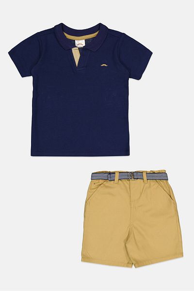Little Gent Kids Boy 2pc Short Sleeve Textured Polo Shirt And Belted Short, Navy/Tan