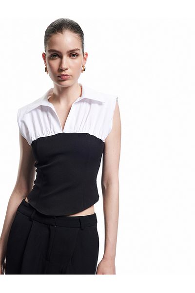 Koton New Season Cotton Color Contrast Shirt Collar Poplin Sleeveless Blouse