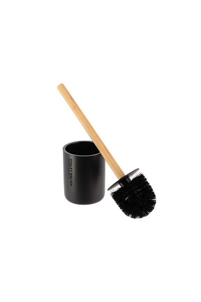Tendance Bamboo Handle Polyresin Toilet Brush with Holder Black and Brown