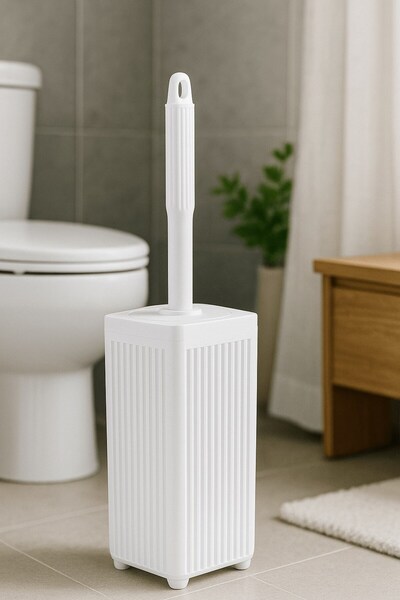 Sas Haus Lines Series White Bathroom Set, 5 Piece Acrylic Square 5 Liter Trash Can, Soap Dispenser, Brush Holder Set 34