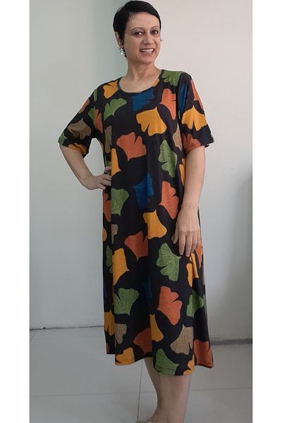 Mertcan Butik Black Mustard Green Leaf Print Short Sleeve Combed Viscose Dress