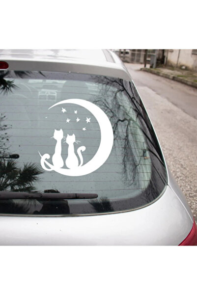 TSC 2 Cute Cat Sitting on the Moon Auto Sticker Paste 20cm White