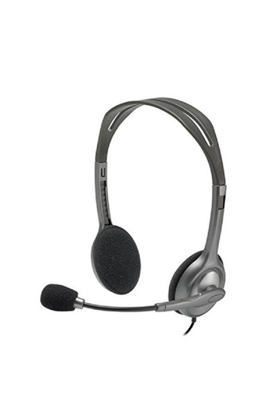 logitech سماعات رأس ستيريو H111 سلكية بموصل 3.5 مم وميكروفون دوار باللون الفضي