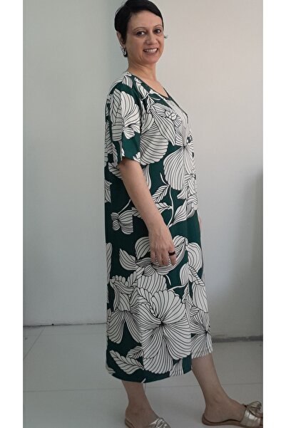 Mertcan Butik Χακί πράσινο εκρού στάμπα κοντομάνικο φόρεμα βισκόζης από χτενισμένο βαμβάκι