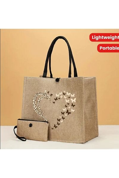 ORGANICYOU Haikau 2 Pcs (Handbag + Wallet Set) Fashion Leopard Pattern Heart Printed Large Shopping Bag