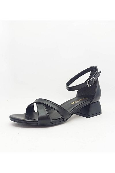 GDT Ayakkabı Black Color Double Cross Strap Thick Heeled Women's Heeled Sandals