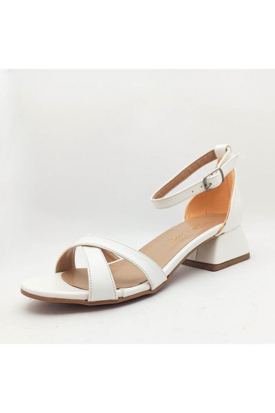 GDT Ayakkabı White Color Double Cross Strap Thick Heeled Women's Heeled Sandals