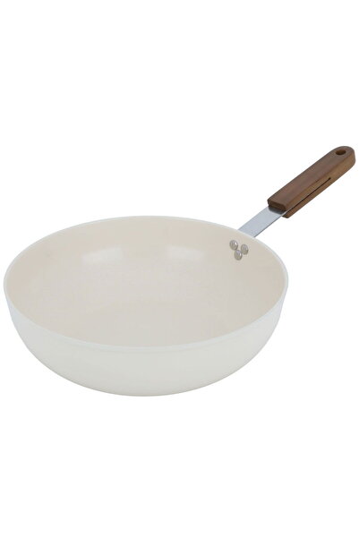 Generic مقلاة تورنادو سيراميك، 28 سم، بمقبض خشبي، لون بيج داكن