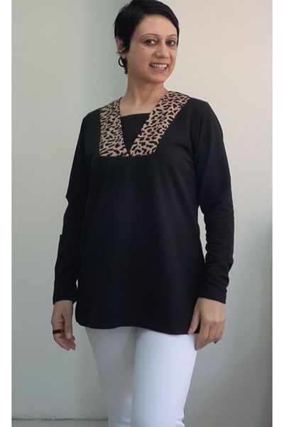 Mertcan Butik Black V-Neck Collar Leopard Garnish Long-Sleeved Combed Viscose T-Shirt