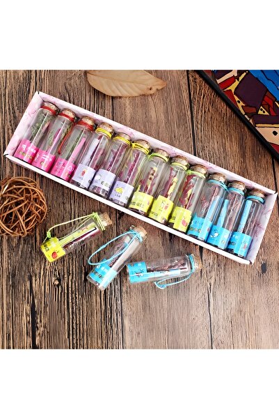 Wolawood 12'li Dilek Şişesi Seti Mini Kavanoz Renkli Mesaj Kağıtlı Mantar Kap...