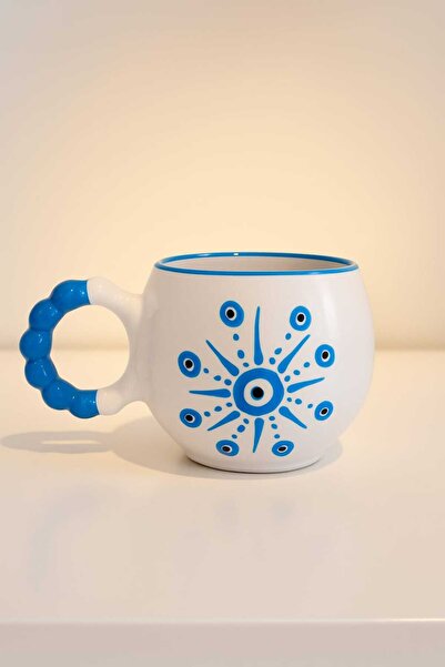 SırART İnci Kulp YILDIZ NAZAR Desenli Özel Kabartmalı El İşlemeli Seramik Kupa