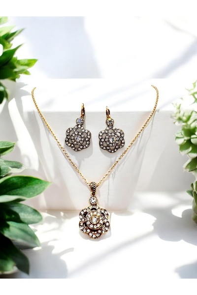 FUYA JEWELLERY Zirkon Taşlı Çiçek Motif Kolye, Küpe Set