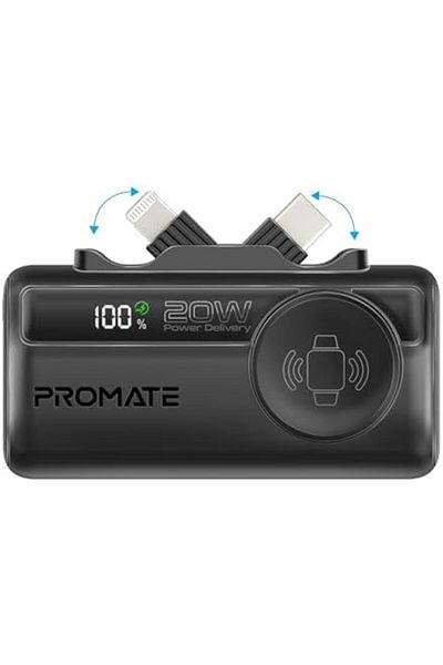 Promate 3 in 1 Mini Power Bank, 5000mAh with 20W USB-C™ In/Out Foldable Connector, 12W Lightning F