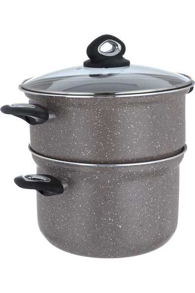 Alsaif Gallery Saif Gallery Granite Steamer Pot, 30 cm, Glass Lid, 2 Pieces - Brown