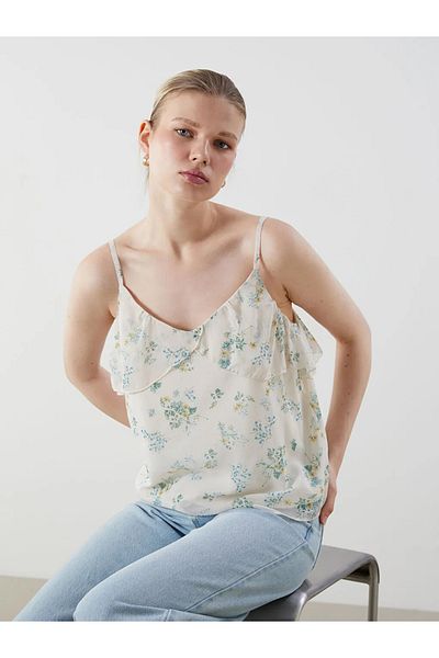 LC Waikiki Μπλούζα LCW Vision Sari V-Neck με λουλουδάτο λουράκι με βολάν