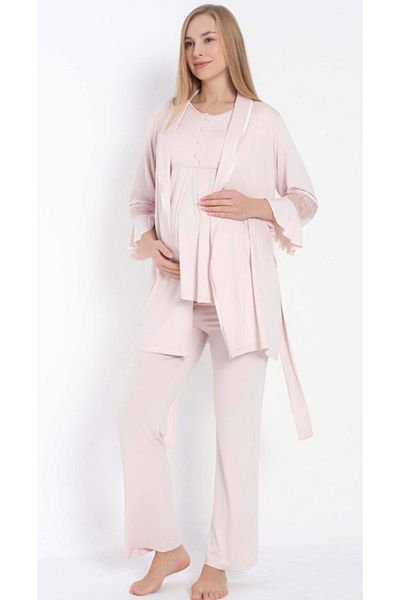 Anıl Maternity Pajamas Dressing Gown Set 11314 Short Sleeve Viscose Lace Detail