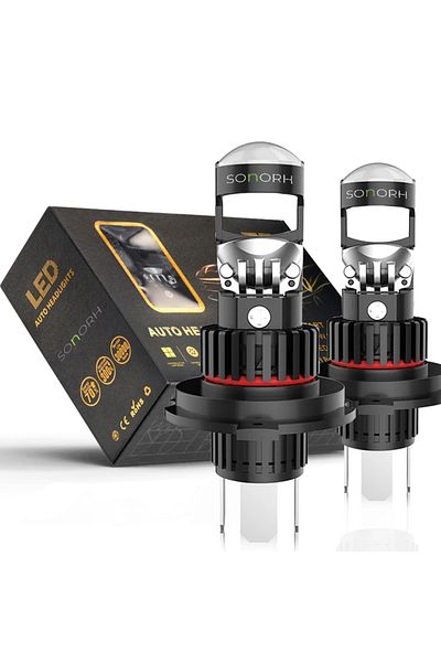 SONORH Set of 2 LED H4 Lens Bulbs with Magnifier, 120W, 6000K, 20000LM, Canbus Plug&Play, SONORH