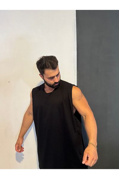 Bas Body FitnessWear قميص داخلي أسود سادة بدون أكمام مقاس كبير من القماش الممشط غير المطبوع