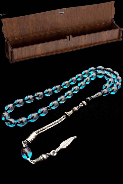 renery مسبحة من العنبر الأزرق الناري مع صندوق خشبي للهدايا مع صناعة ماهرة معتمدة